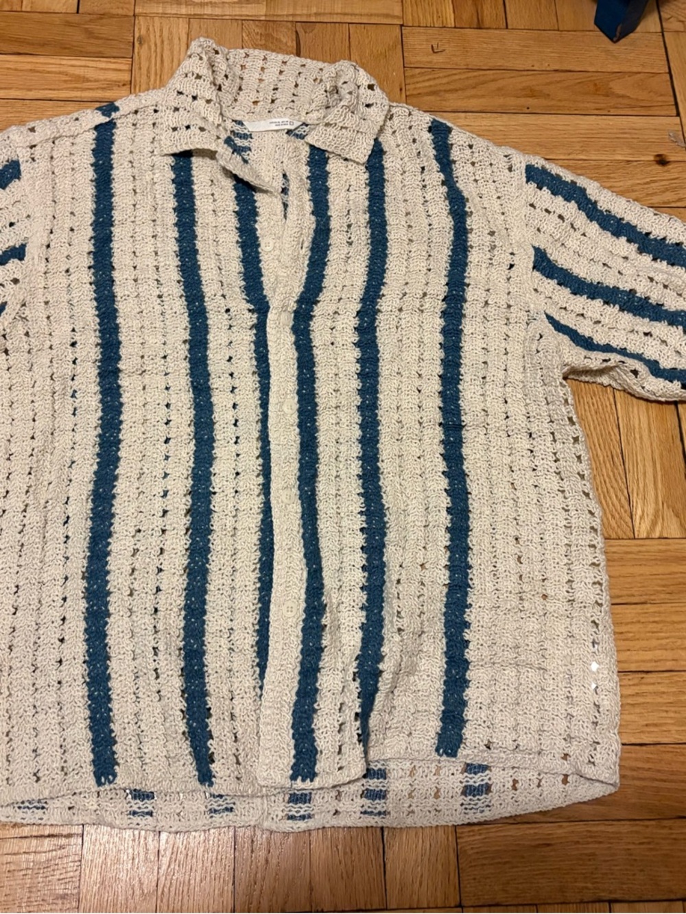 Zara Cream and Teal Striped Knit Button Down Shirt